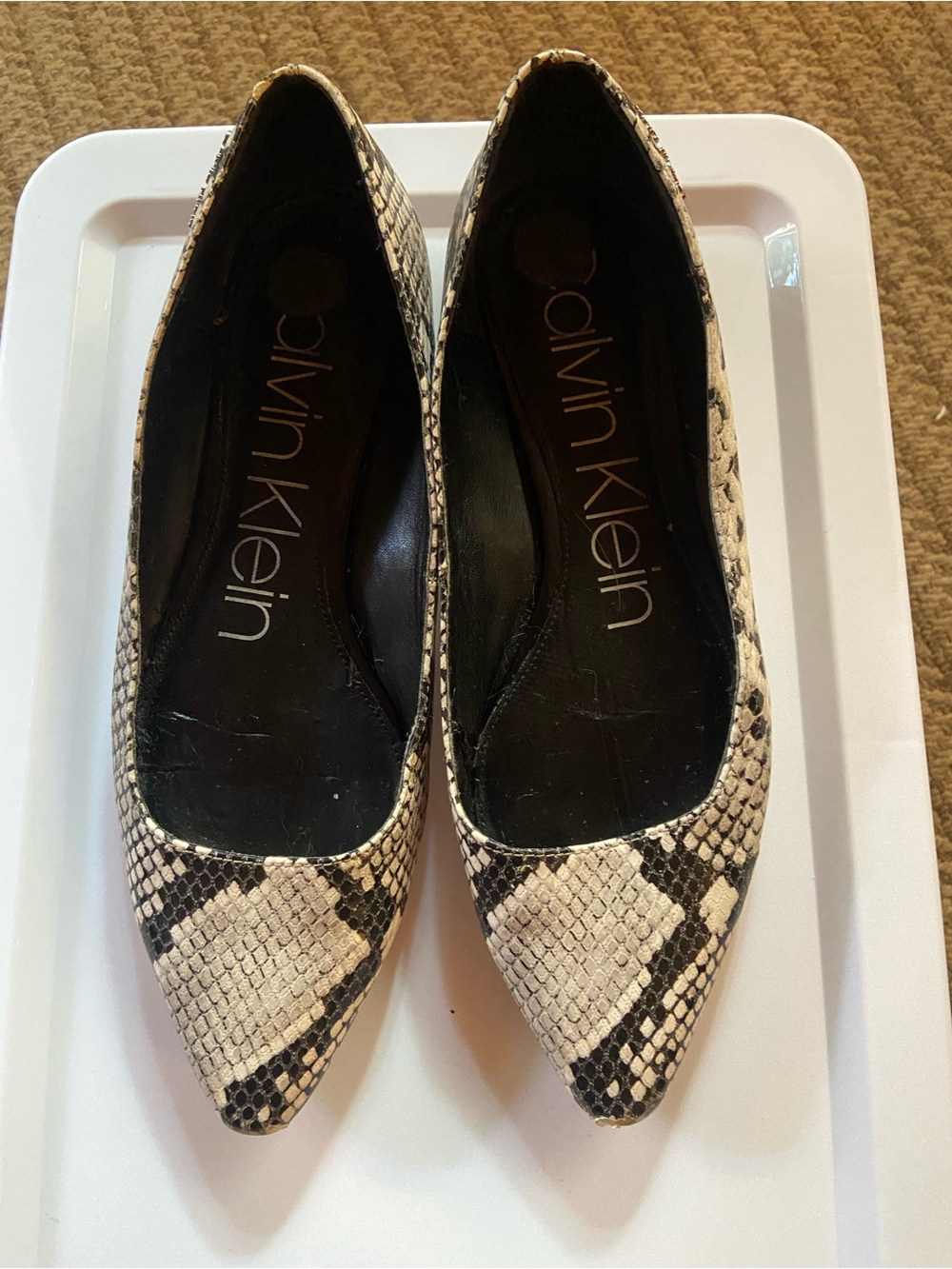 Calvin Klein Women's Snake-Print Pointed Flats in Black and Cream